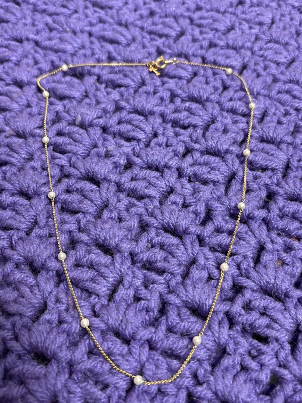 Dainty Goldtone Chain Necklace Faux Pearl Station Beads 18 inches Long